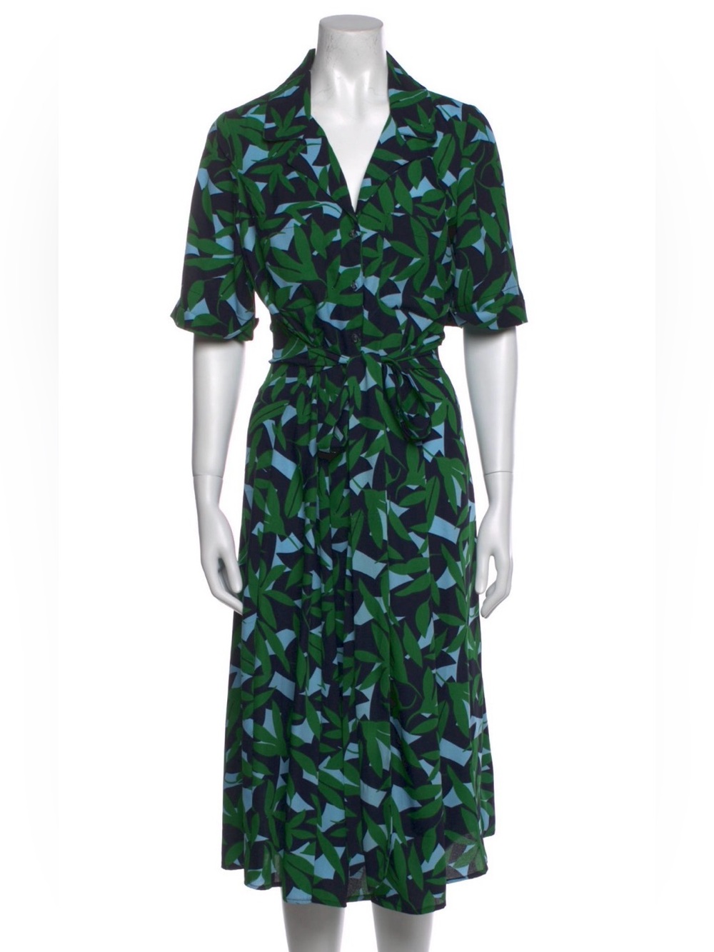 Walter Baker Valencia Midi Green Leaf Print Shirt Dress with Tie Waist Medium M